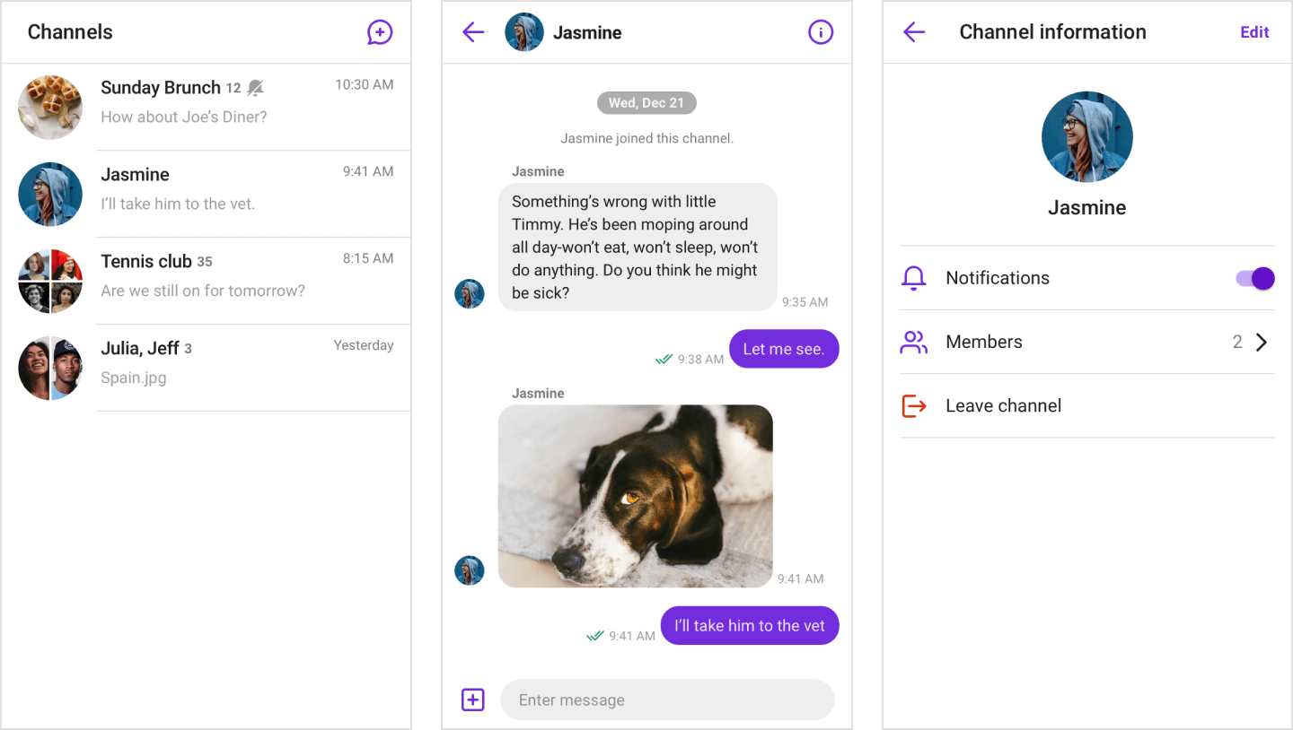 Image|Three UIKit views on the Light theme are shown: list of channels, chat view, channel information view.